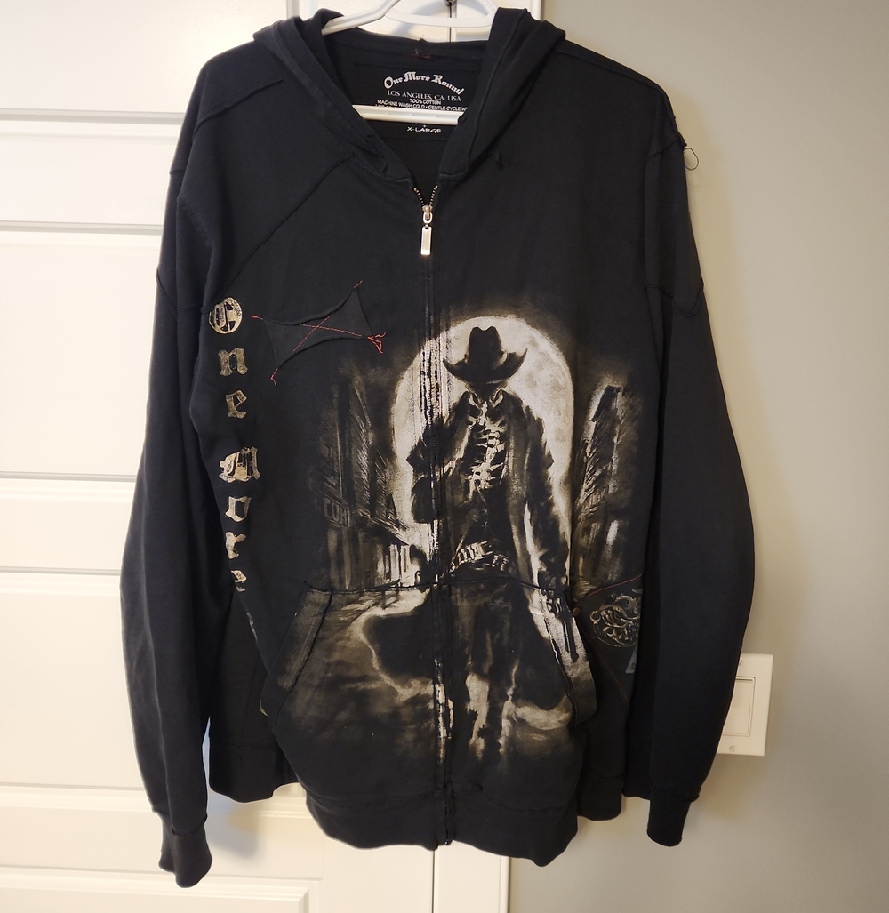 One More Round Vintage Black Graphic Zip Hoodie